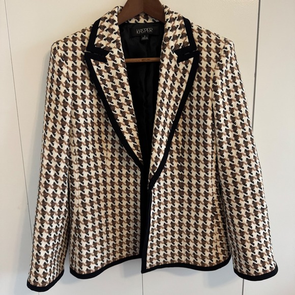 Kasper Jackets & Blazers - Kasper Womens Houndstooth Blazer Jacket Tan Black Cream Size 6 Open Front Cotton